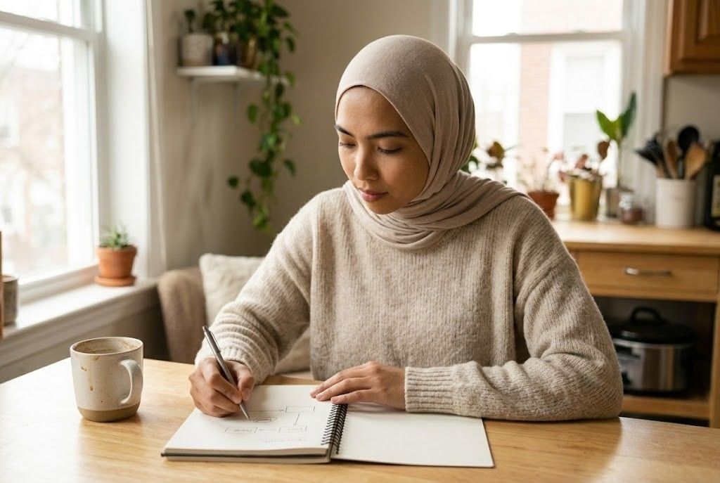 Alia melukis rangka workflow dalam buku nota pada pagi Sabtu