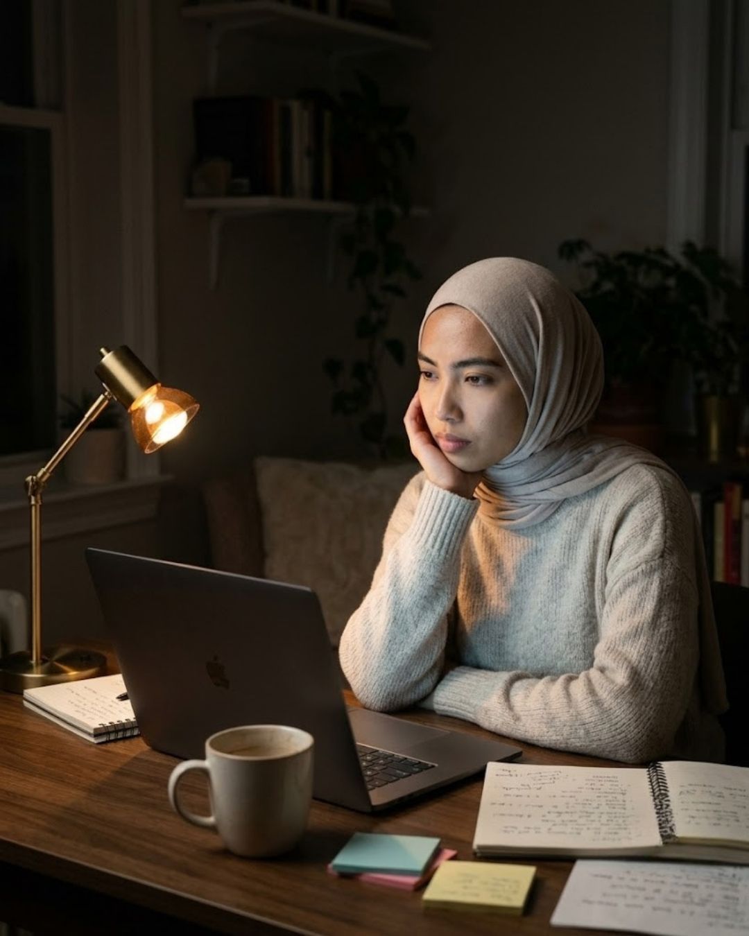 Alia di meja kerja, diterangi lampu meja & cahaya laptop pukul 2:40 pagi